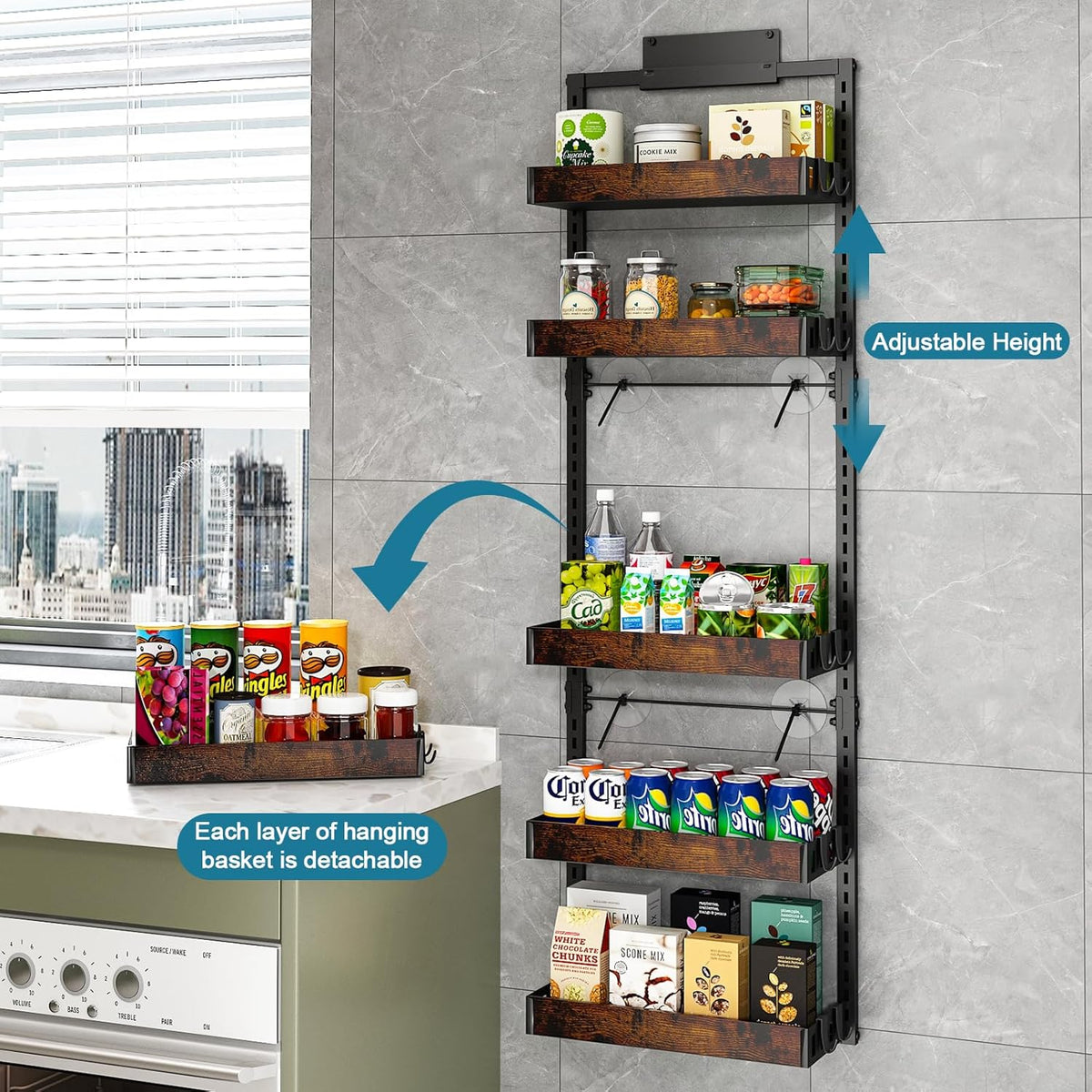 bukfen Over the Door Pantry Organizer, 6-Tier Adjustable Wooden Basket Kitchen Pantry Door