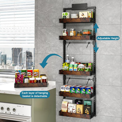 bukfen Over the Door Pantry Organizer, 6-Tier Adjustable Wooden Basket Kitchen Pantry Door