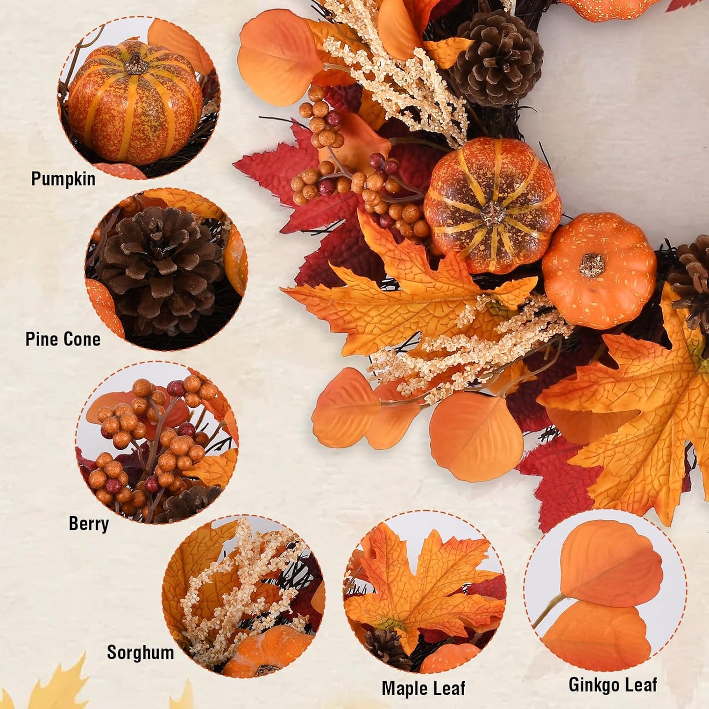 20 Inch Thanksgiving Fall Wreath, Berries Pumpkins Maple Leaves Pine Cones Autumn Wreaths with Hook