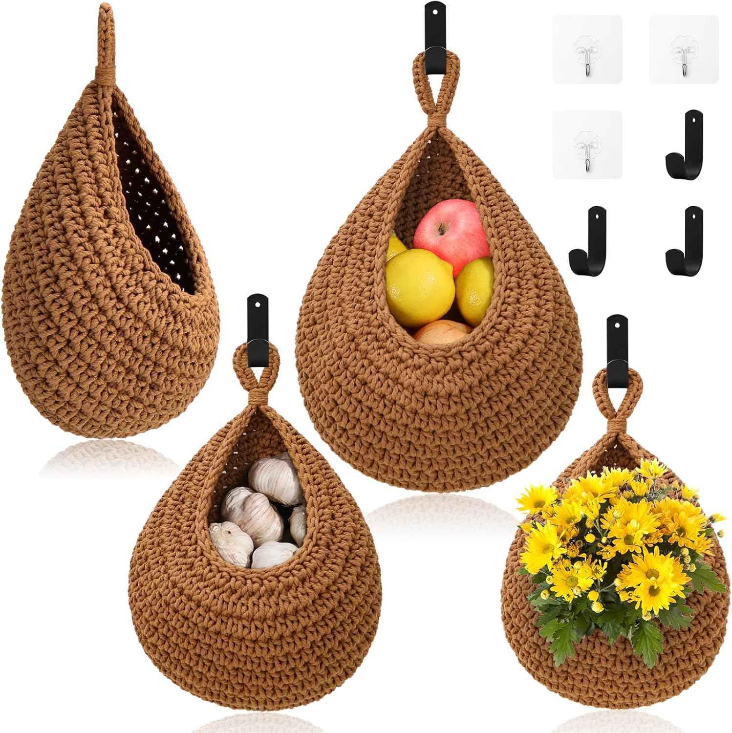 Hanging Fruit Baskets for Kitchen - 3 Pack Boho Wall Hanging Basket with 6 Pcs Strong Hooks