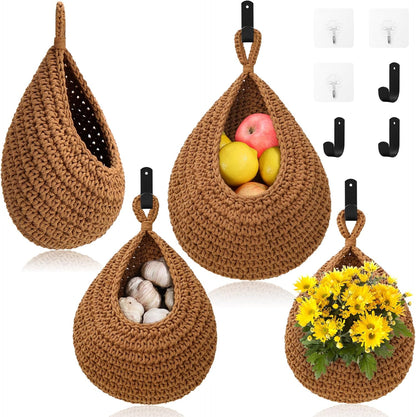 Hanging Fruit Baskets for Kitchen - 3 Pack Boho Wall Hanging Basket with 6 Pcs Strong Hooks