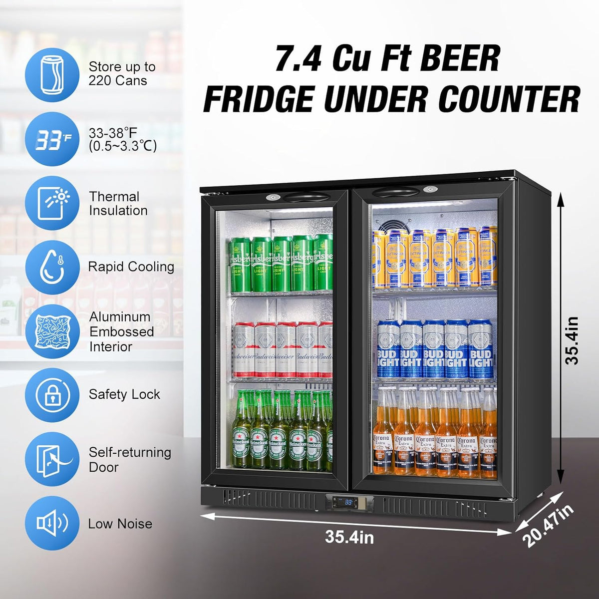 Beverage Refrigerator Under Counter, Back Bar Cooler with 2 Glass Door, Commercial Display Fridge