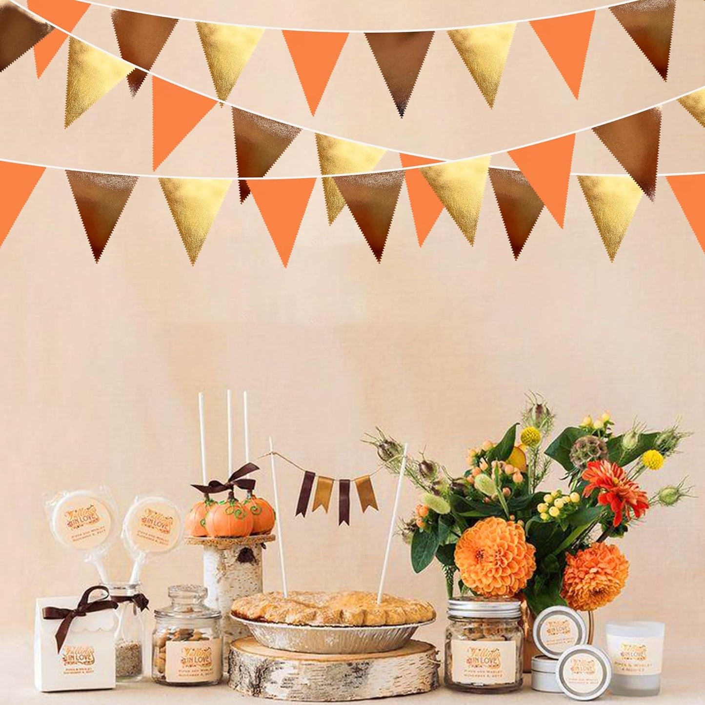 Fall Party Decorations Orange Gold Brown Metallic Fabric Triangle Pennant Banner Flag Bunting
