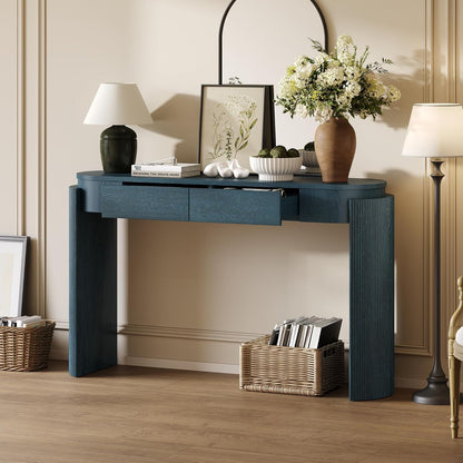 55" Sofa Table with Oval Top and 2 Drawers, Entryway Console Table with Fluted Design for