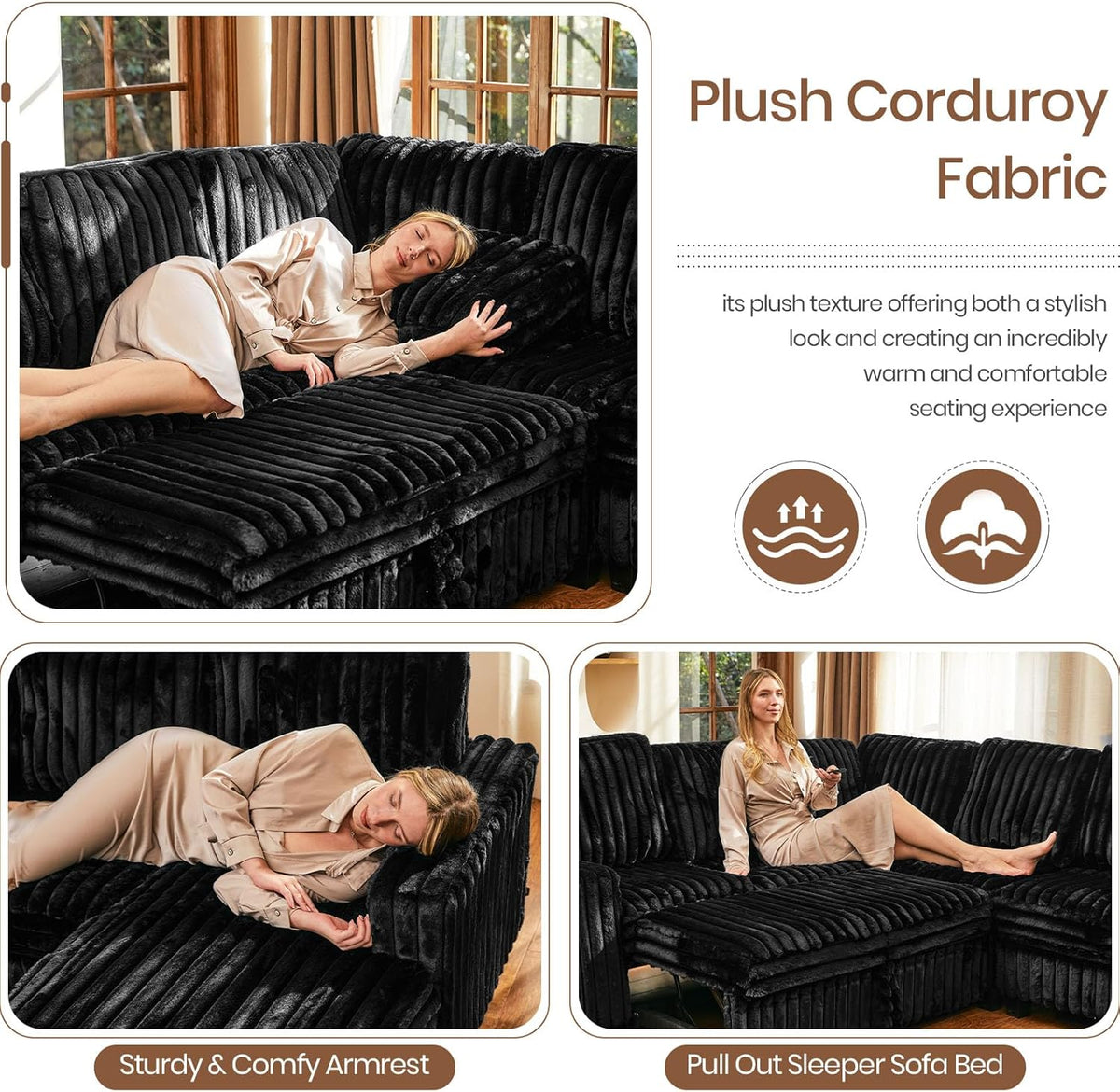 Belffin Plush Corduroy Modular Sectional Sofa with Pull Out Bed Convertible Small Sectional Corner