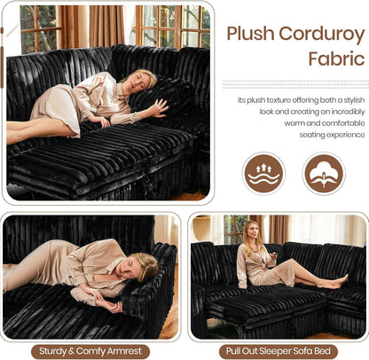 Belffin Plush Corduroy Modular Sectional Sofa with Pull Out Bed Convertible Small Sectional Corner