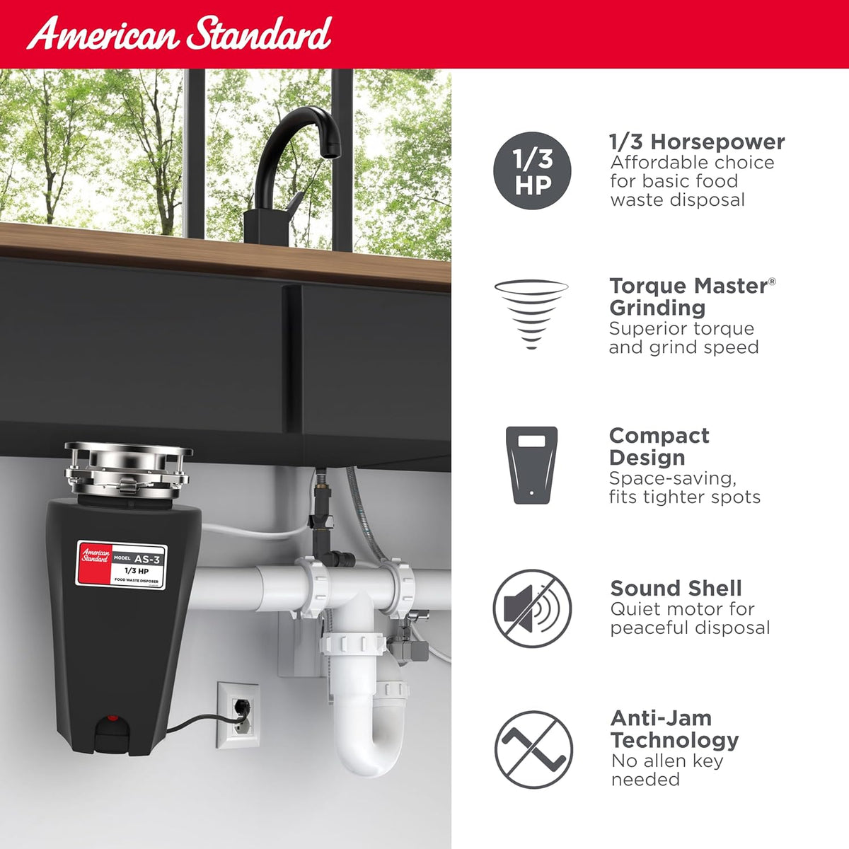 American Standard 10-US-AS-3 Garbage Disposal Anti-Jam Stainless Steel Food Waste Grinding System