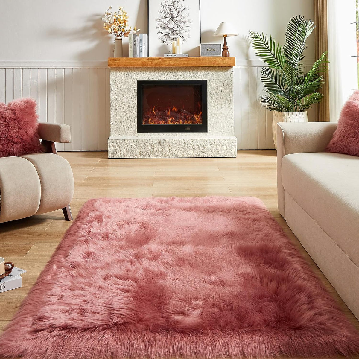 AMTOVO Faux Fur Sheepskin Rug for Living Room, 4 x 6 ft Blush Pink Fluffy Area Rug for Bedroom