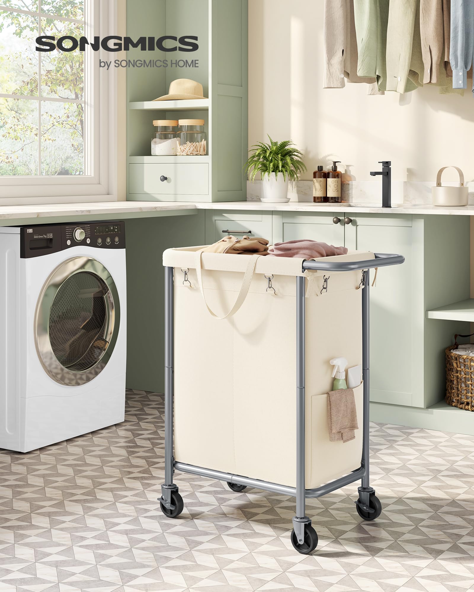 SONGMICS Laundry Basket with Wheels, 2-Section Rolling Laundry Hamper, 37 Gallons (140 L)