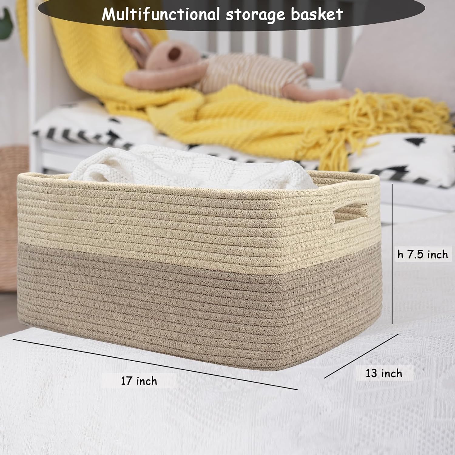 COMFY-HOMI Cotton Rope Woven Basket with Handles for Shelves,Toys,Book, Cloth Storage Baskets for