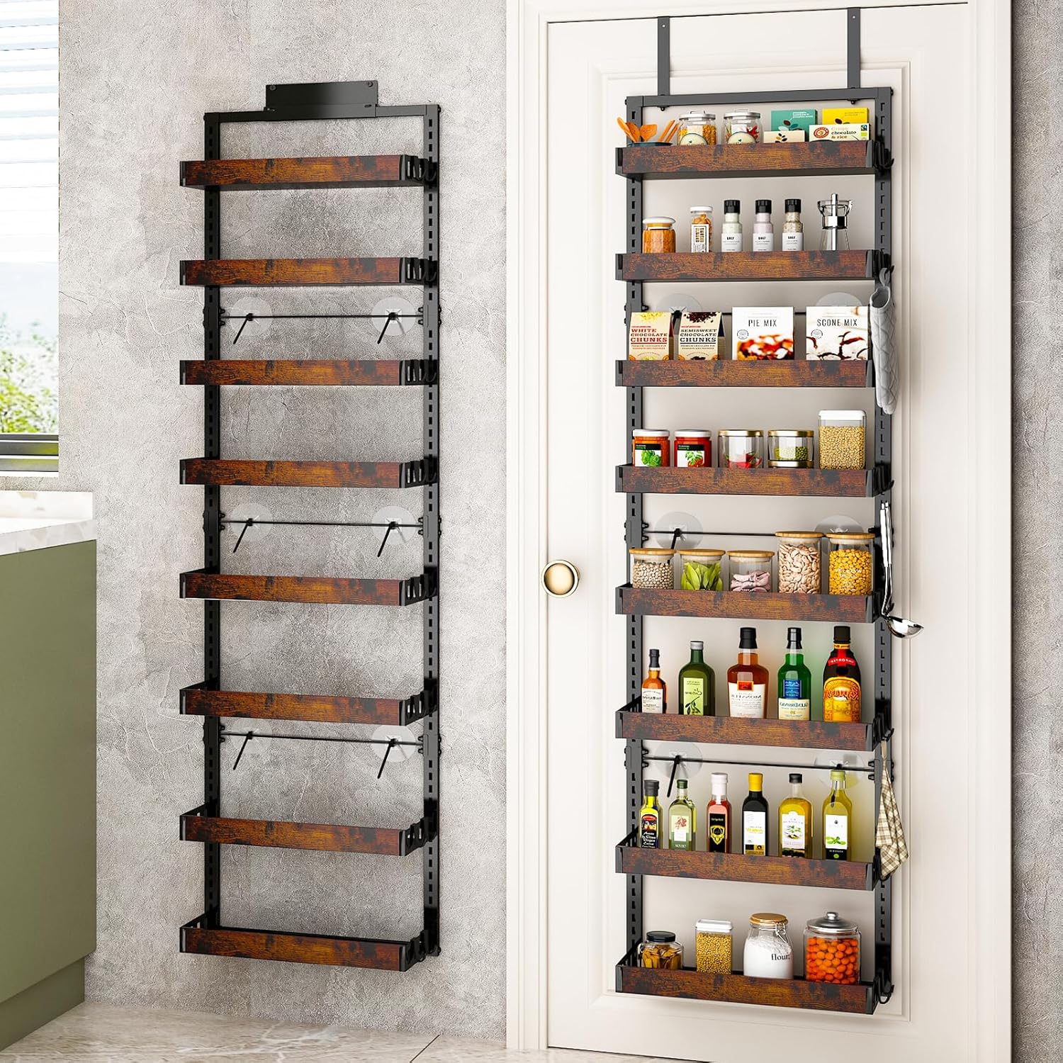 bukfen Over the Door Pantry Organizer, 8-Tier Adjustable Wooden Basket Kitchen Pantry Door
