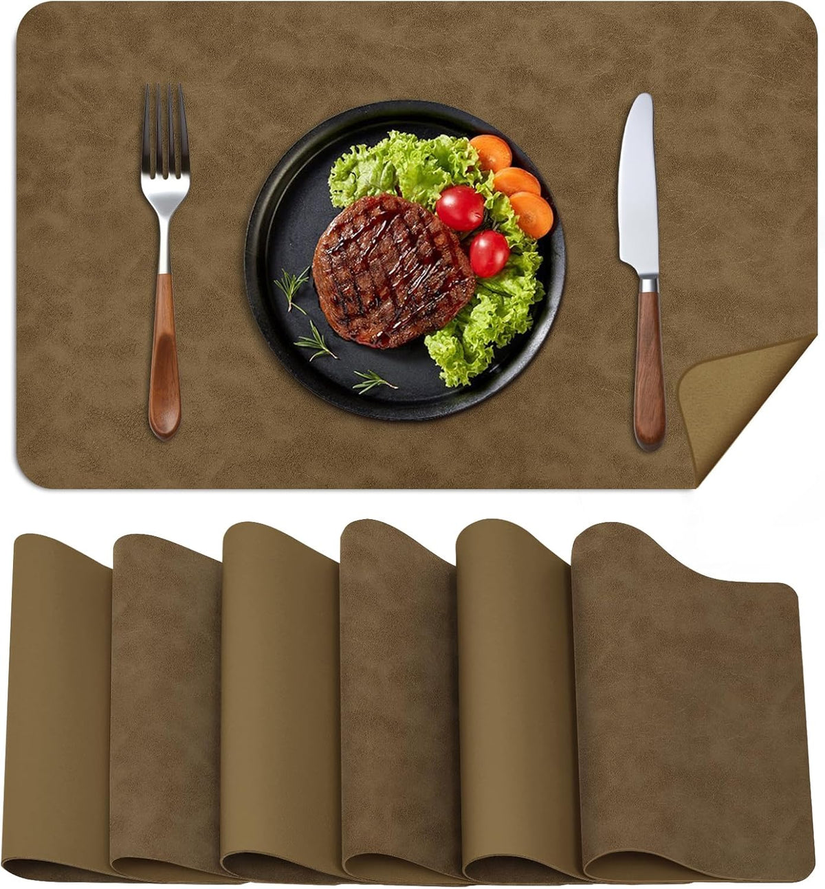 BLESWIN Faux Leather Placemats, Set of 6, 12×17 Inch -Double Side Texture Color Table Mats