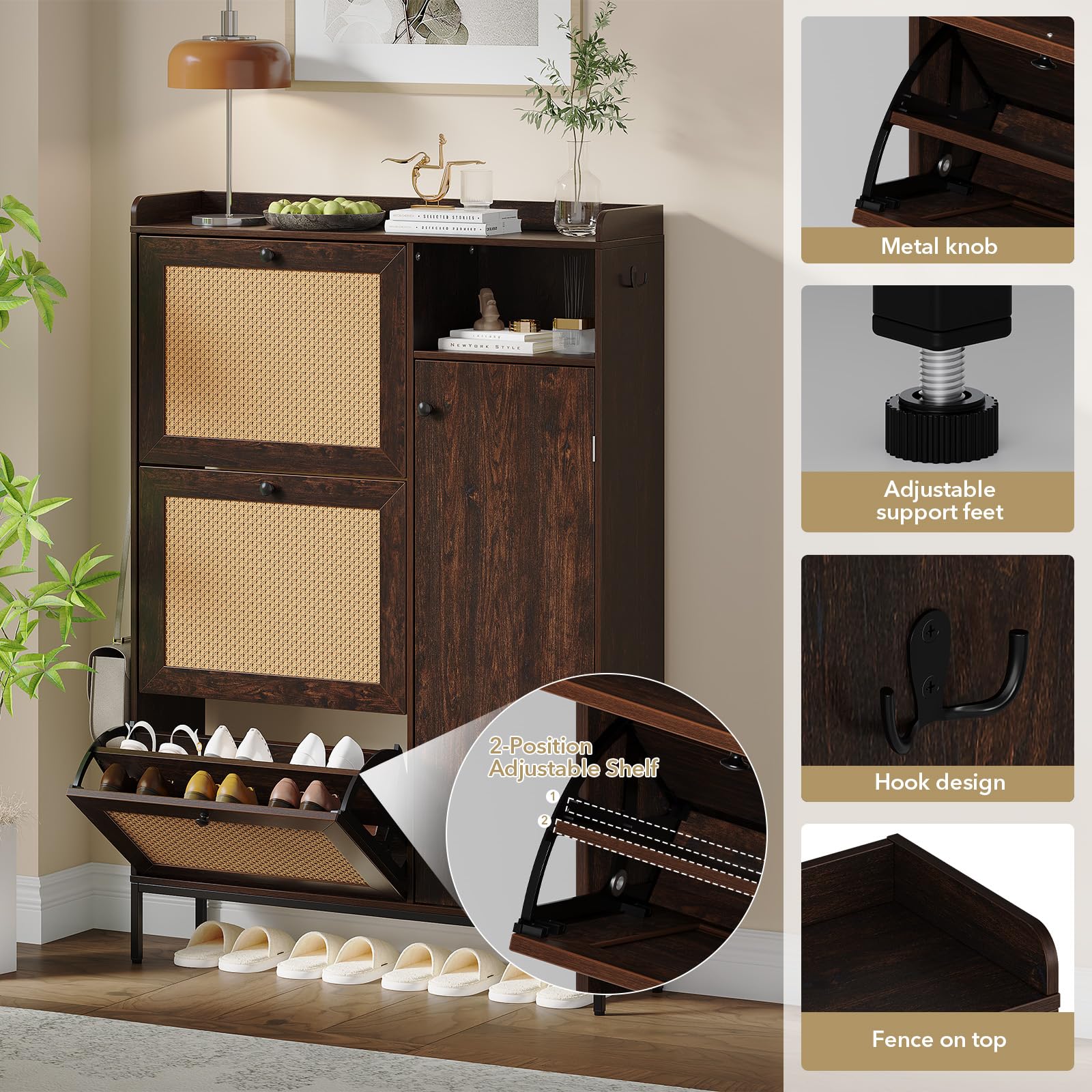 Rattan Shoe Cabinet, Shoe Cabinets with 3 Flip Drawers, Adjustable Shelves