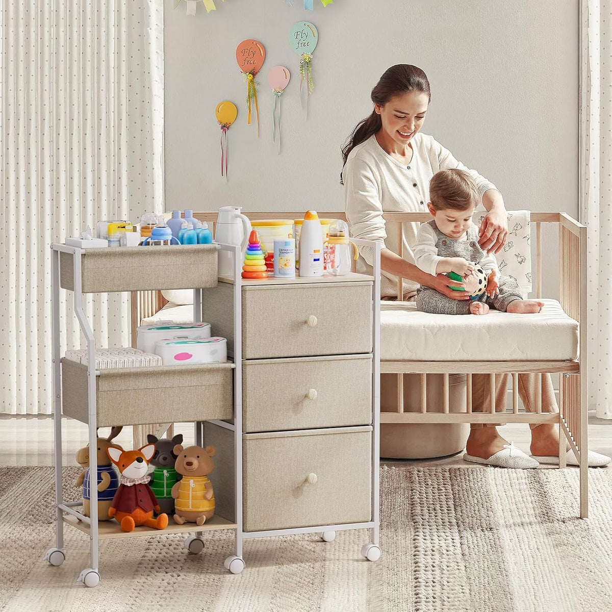 Baby Organizer and Storage - 3 Tier Rolling Cart with Dividers and Drawers, Easy To Assemble