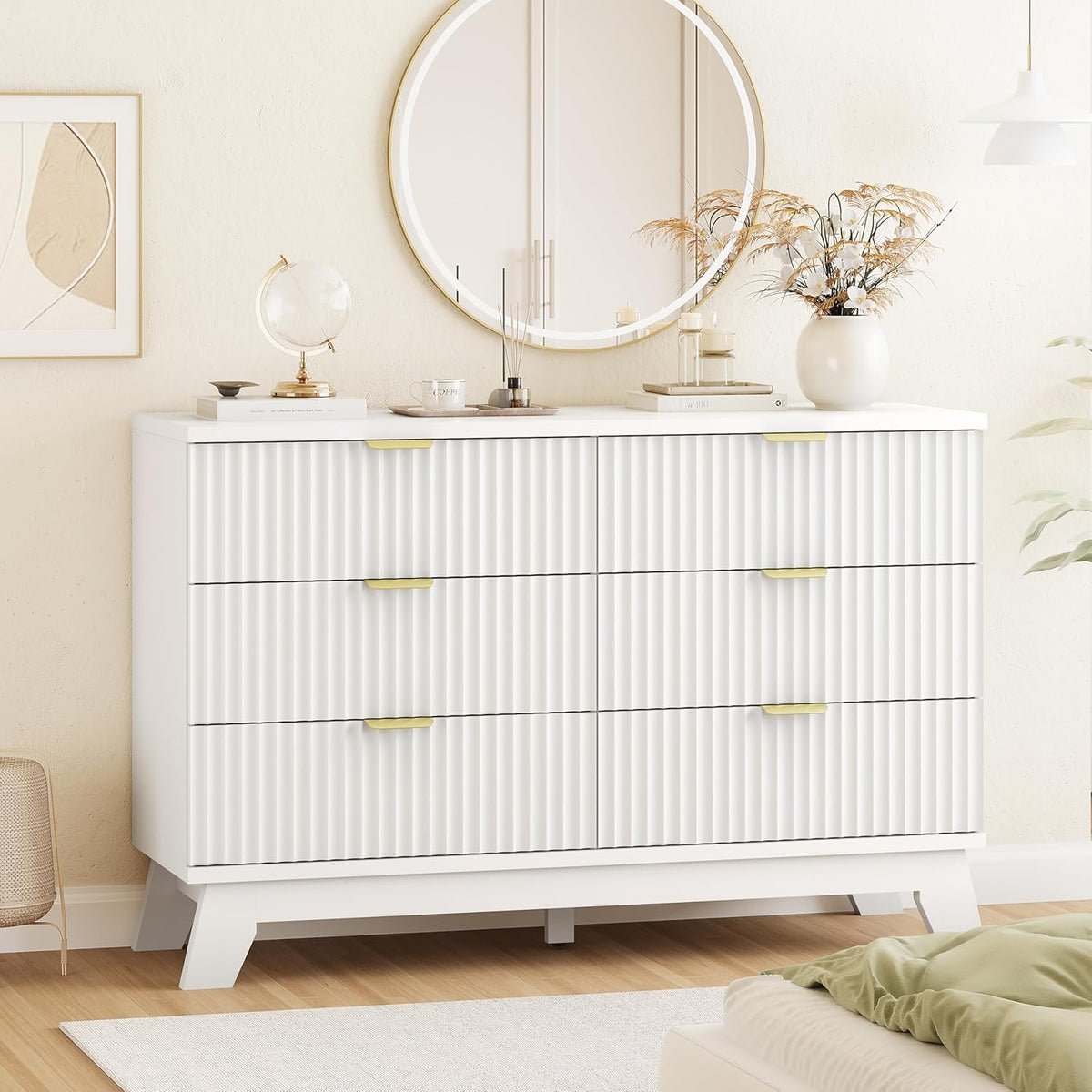 Fluted Dresser for Bedroom with 6 Drawers, 48" Wide Modern Chest of Drawers with Metal Handle