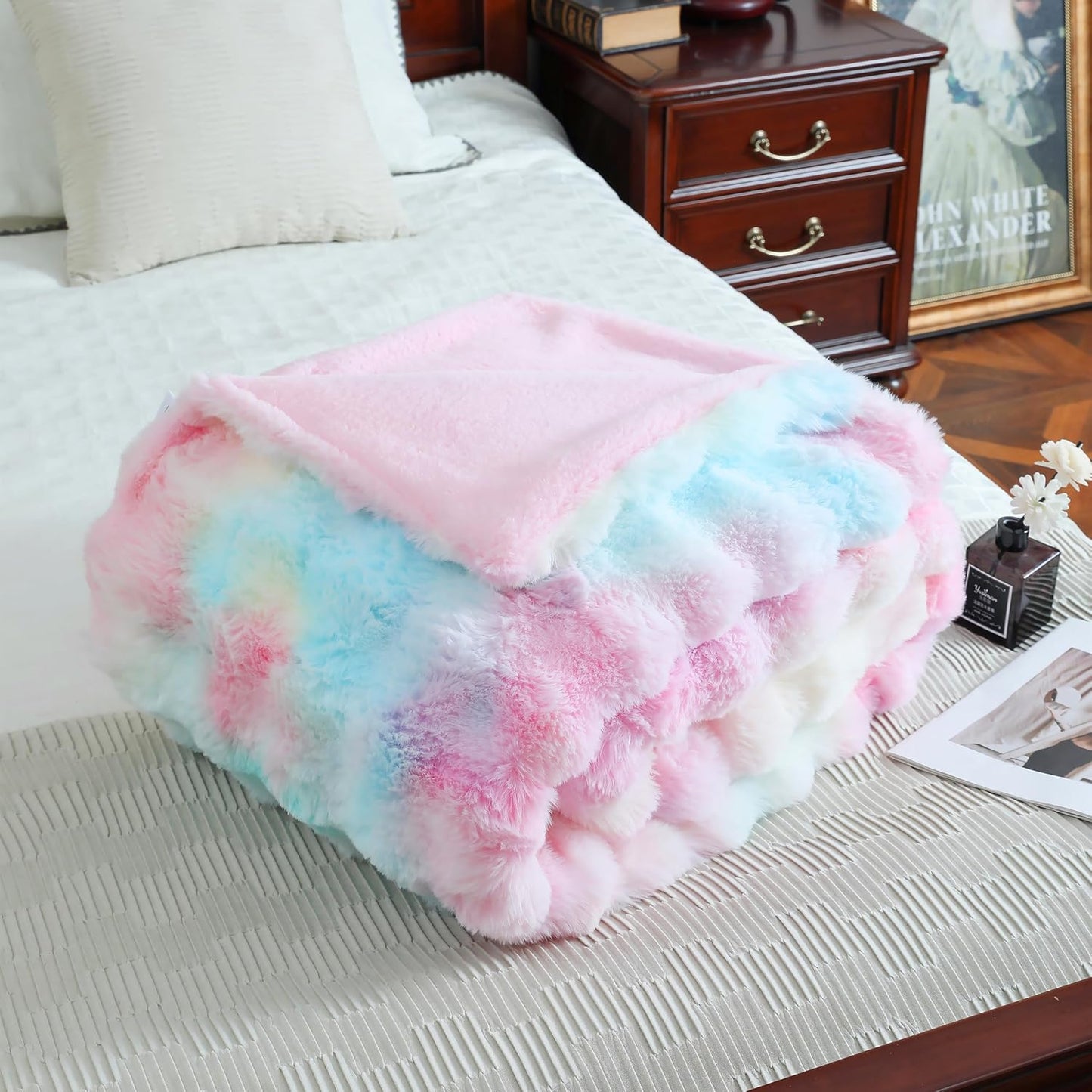 UKELER Colorful Plush Furry Throw Blanket 50''x60'', Super Soft Cozy Warm Blanket for Bed, Couch