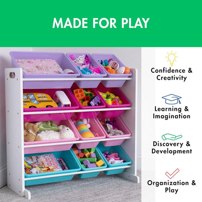 Humble Crew Kids Toy Storage Organizer with 12 Plastic Bins, White/Pink/Purple/Turquoise