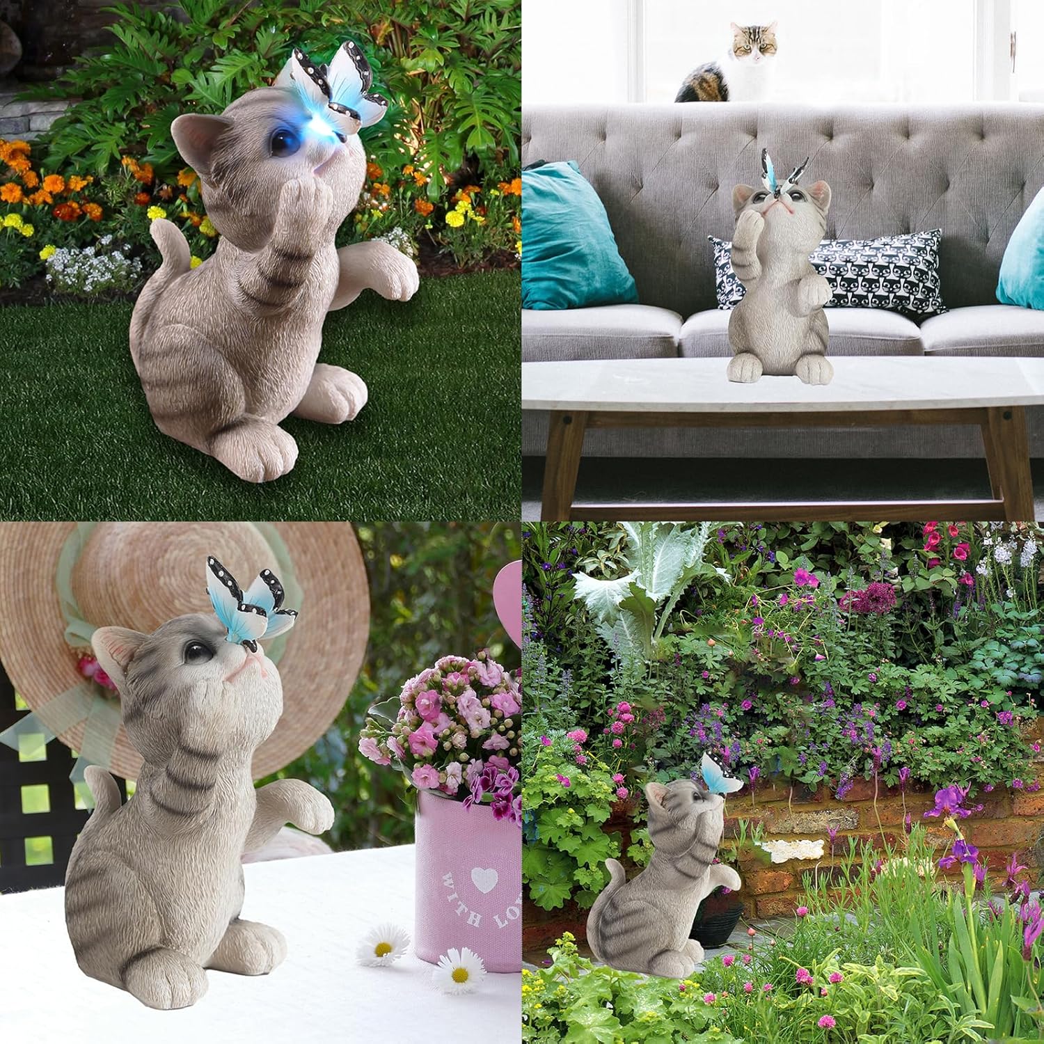 Cat Garden Statue Outdoor Solar Decorations Butterfly Light Figurine Color Changing LED Lights