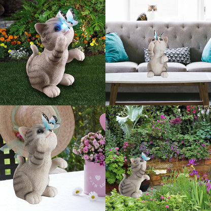 Cat Garden Statue Outdoor Solar Decorations Butterfly Light Figurine Color Changing LED Lights