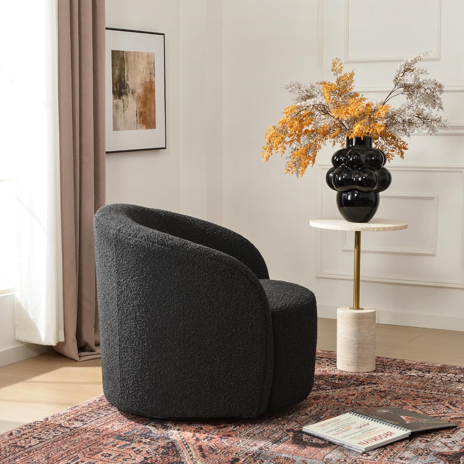 KINWELL 34" W Mid Century Modern Swivel Barrel Chair, Round Upholstered Boucle Swivel Accent