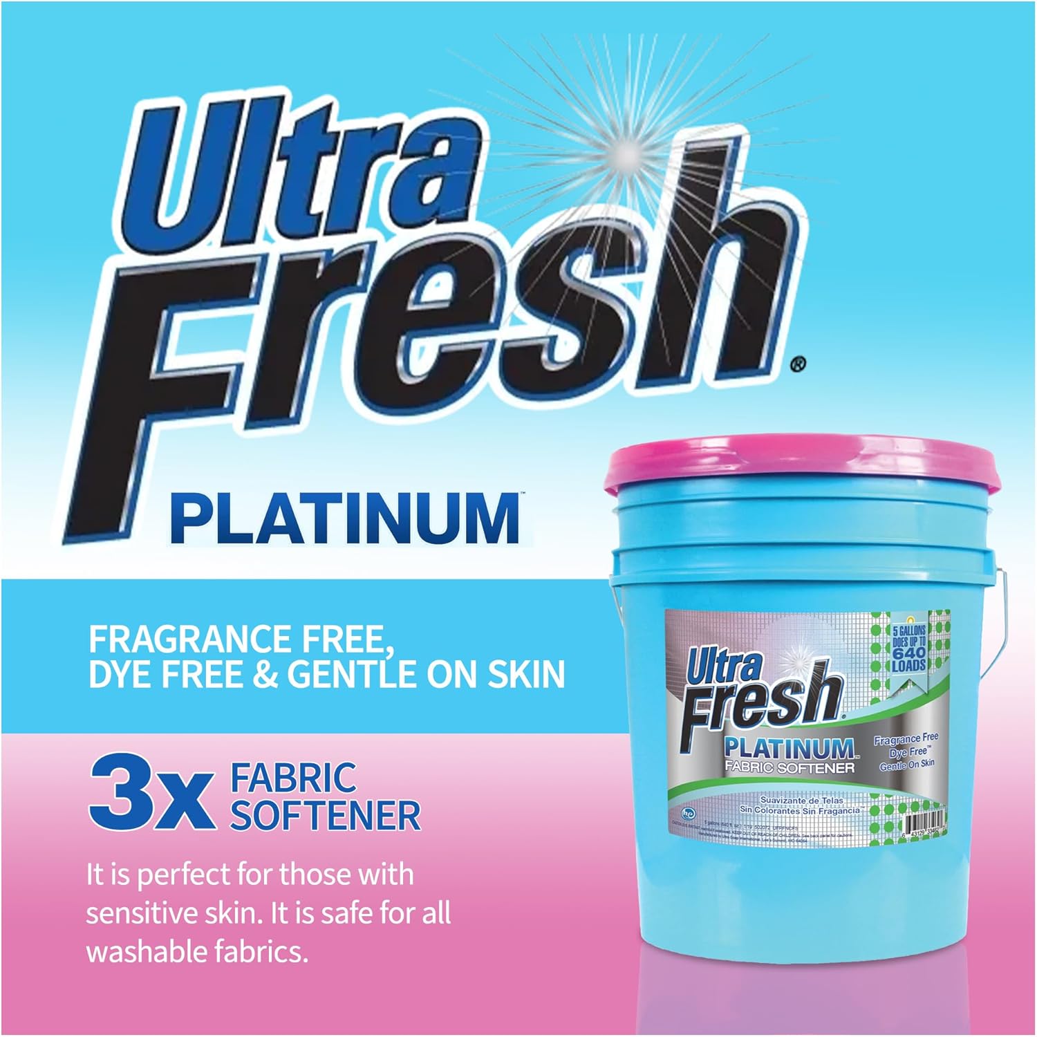Ultra Fresh 5 Gallon Platinum Fabric Softener for All Machine Types, Liquid Laundry Softener, Up to