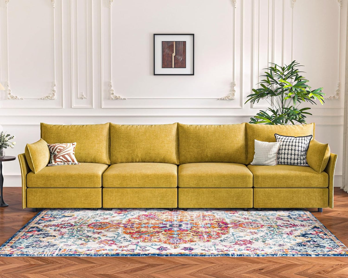 134.6" Modular Sectional Sofa, Oversized 4 Seater Couch with Removable Yellow Chenille Fabric