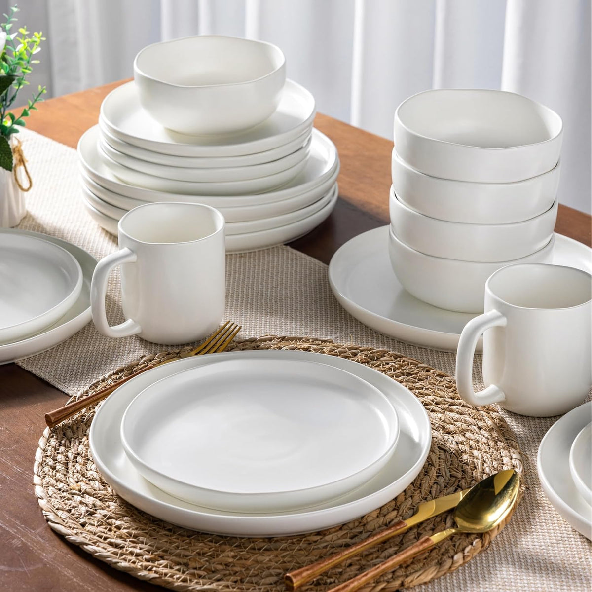 AmorArc Ceramic Dinnerware Sets, Wavy Rim Stoneware Plates and Bowls Sets, Highly Chip and Crack