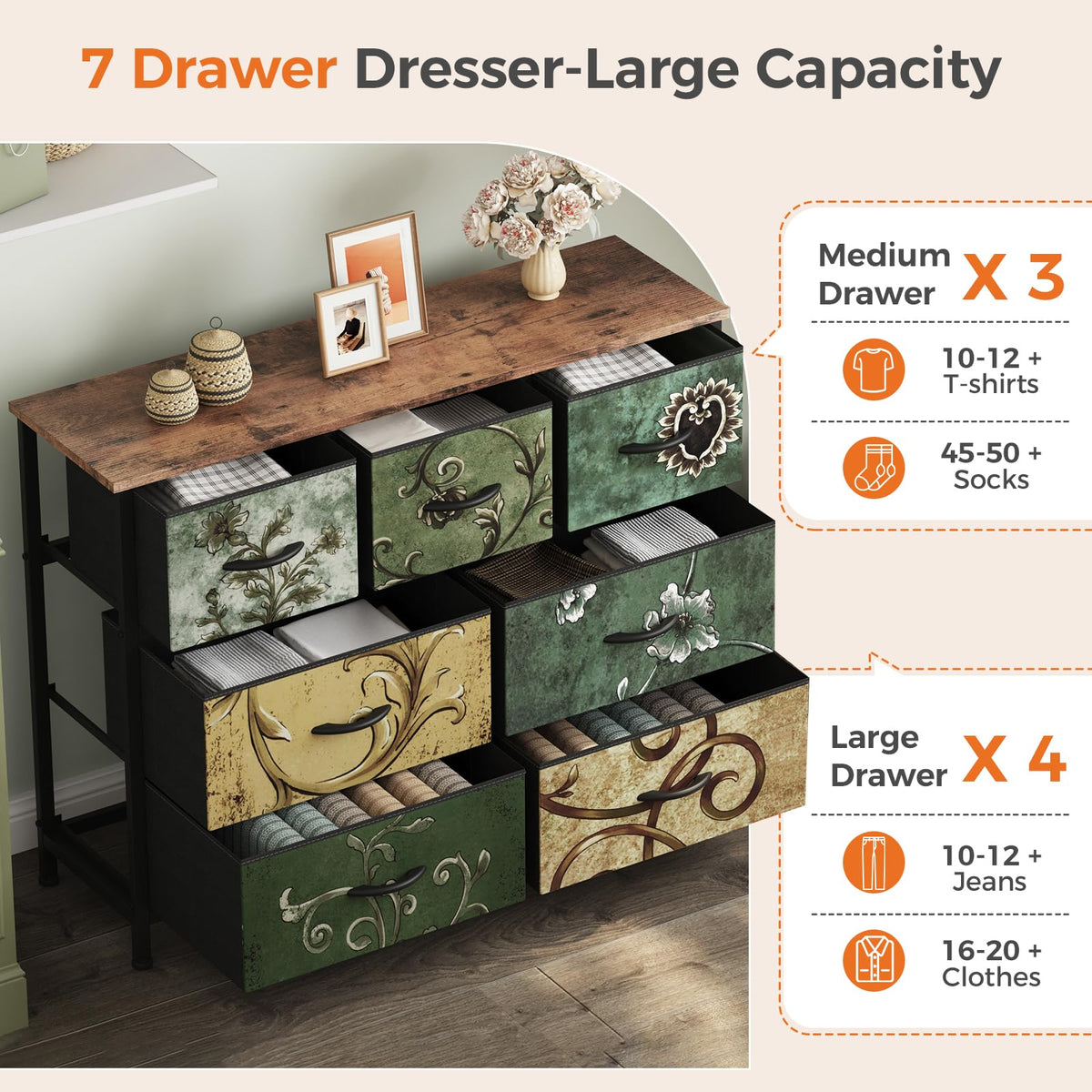 Sweetcrispy 7 Drawer Dresser for Bedroom Storage, Fabric Bins, Floral Print