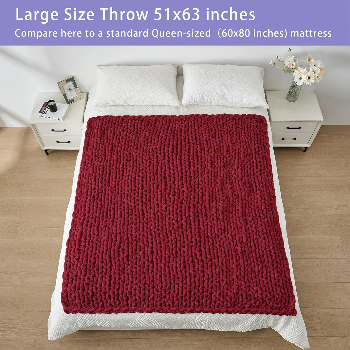 Bigacogo Chunky Knit Throw Blanket for Couch, 51x63 inches, 100% Hand Knitted with Thick Jumbo