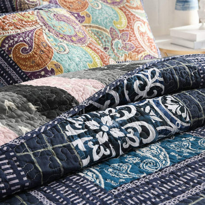 NEWLAKE Cotton Patchwork Bedspread, 3-Piece Bedding Quilt Set with Real Stitched Embroidery