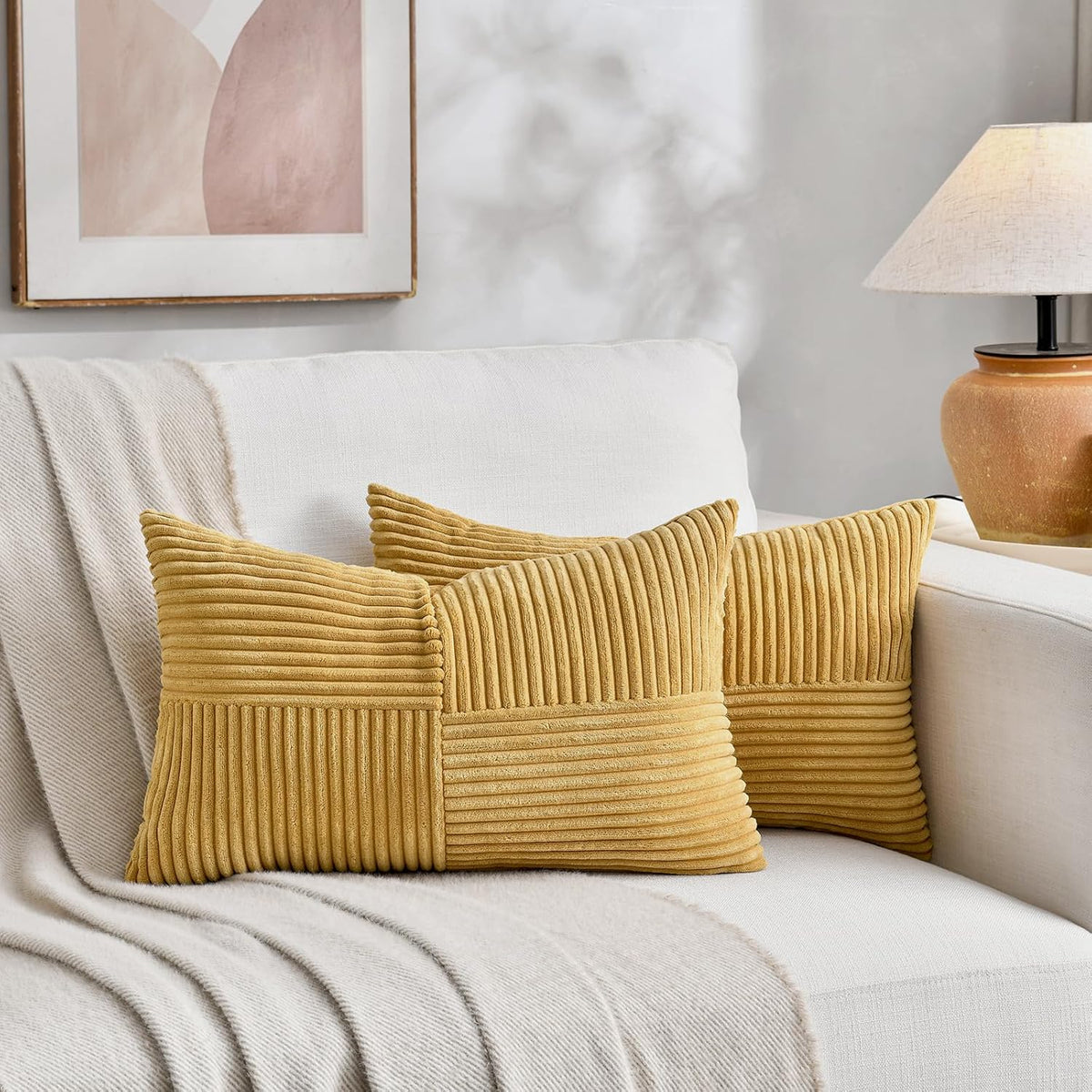 Fancy Homi 2 Packs Mustard Yellow Lumbar Decorative Throw Pillow Covers 12x20 Inch for Living Room