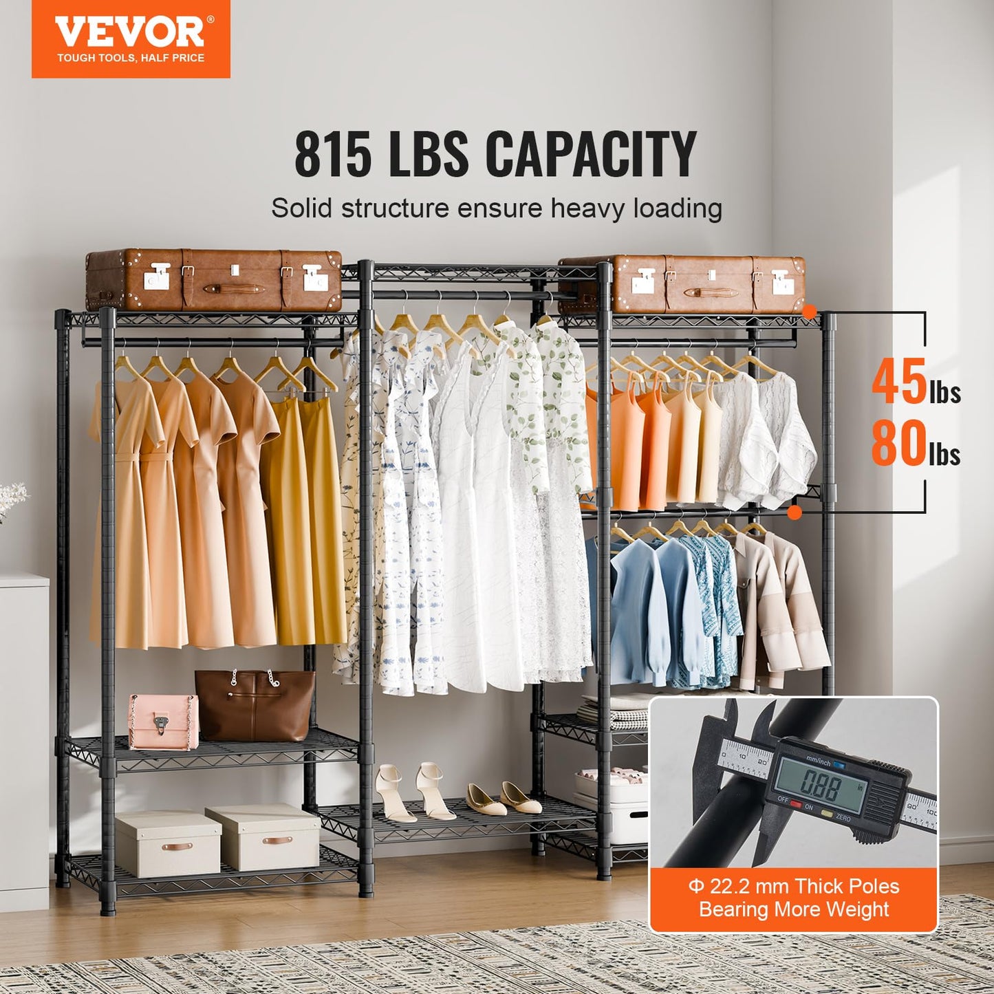 VEVOR Sturdy Apparel Organizer, Mobile Garment Hanger with Four Rods & Eight Shelving Levels