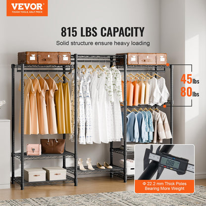 VEVOR Sturdy Apparel Organizer, Mobile Garment Hanger with Four Rods & Eight Shelving Levels