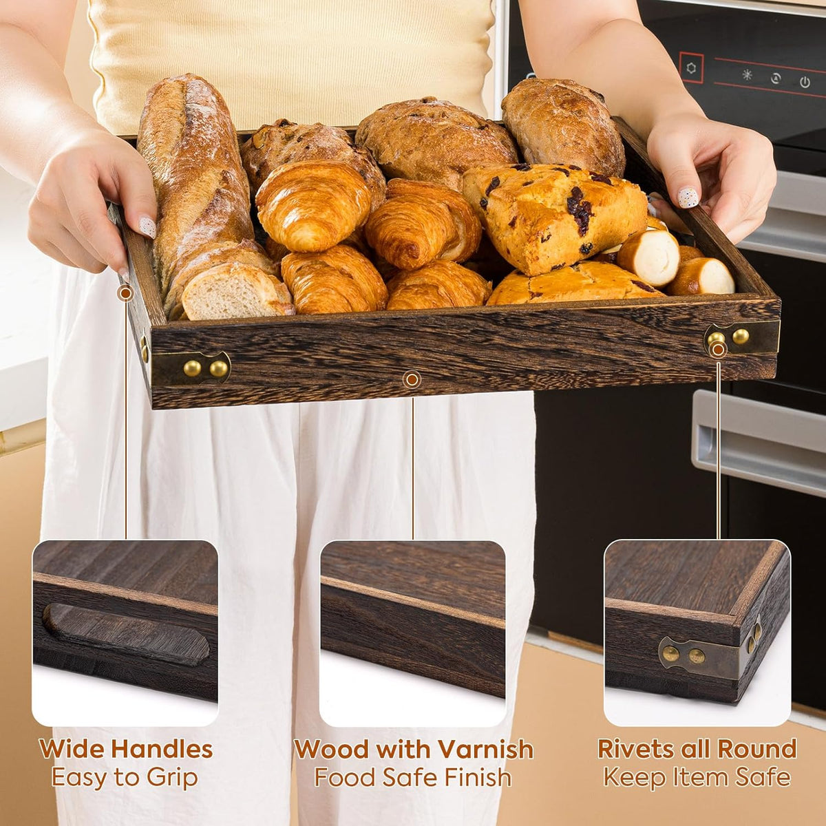 Yangbaga Serving Tray with Handles,12.5"*12.5"Wood Decorative Tray for Living Room,Modern Coffee