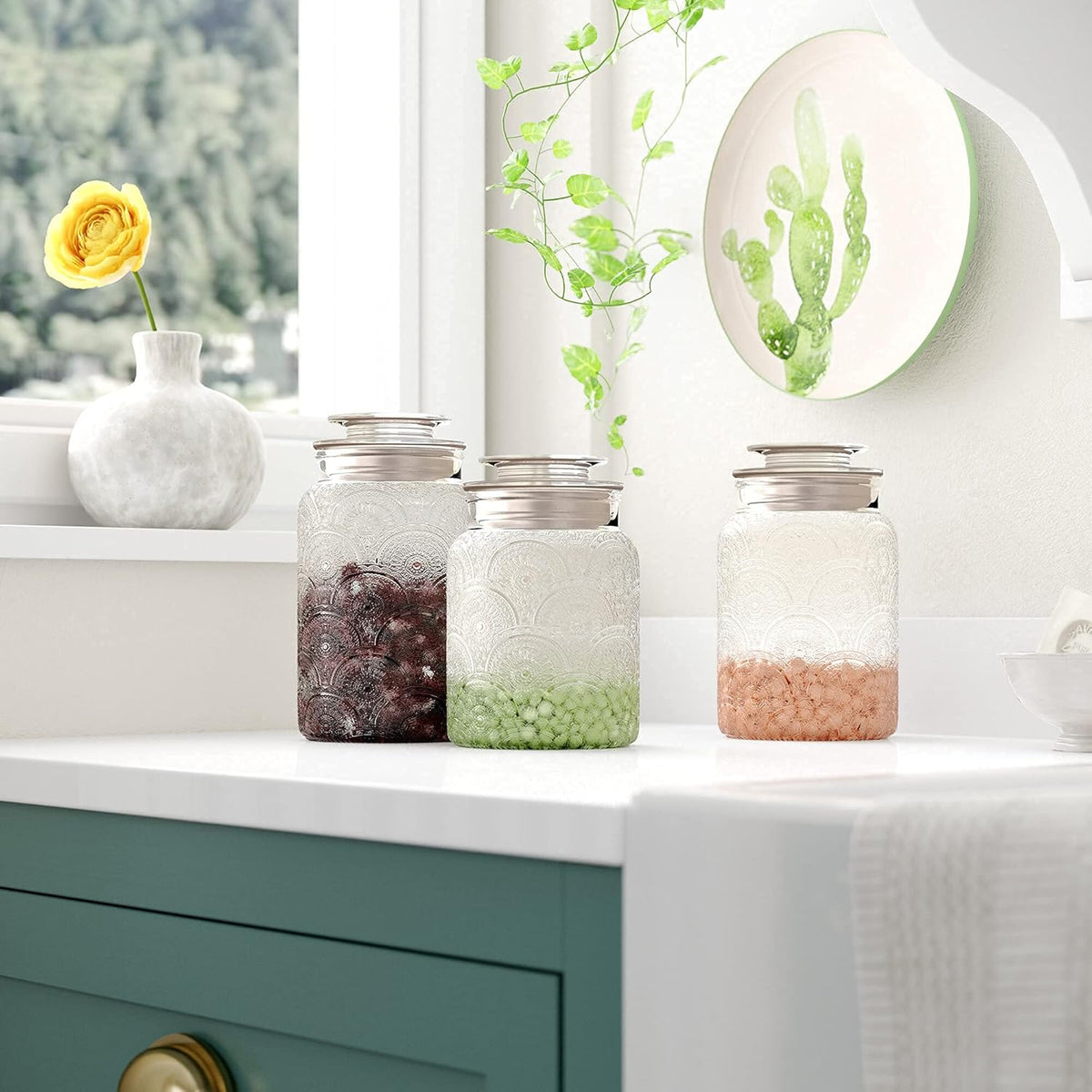 Le'raze Food Storage Containers with Airtight Lids - Retro Design - Pantry Organization, Glass