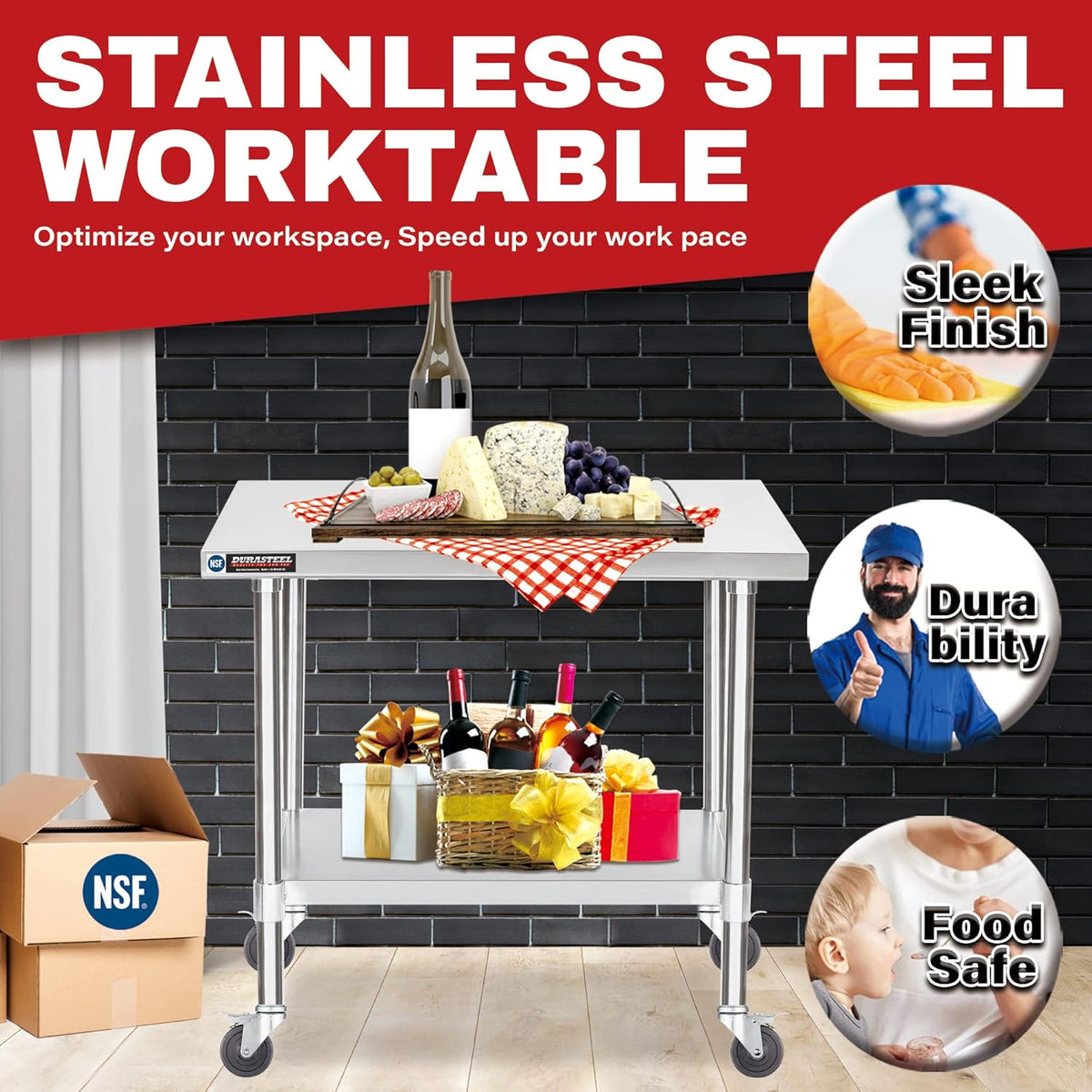 DuraSteel 30x36 NSF Stainless Steel Cart Work Table - Heavy Duty Rolling Food Prep Table Countertop