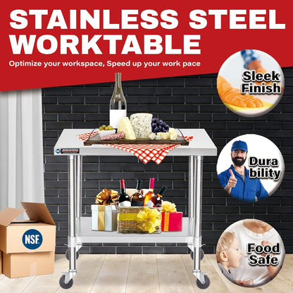 DuraSteel 30x36 NSF Stainless Steel Cart Work Table - Heavy Duty Rolling Food Prep Table Countertop