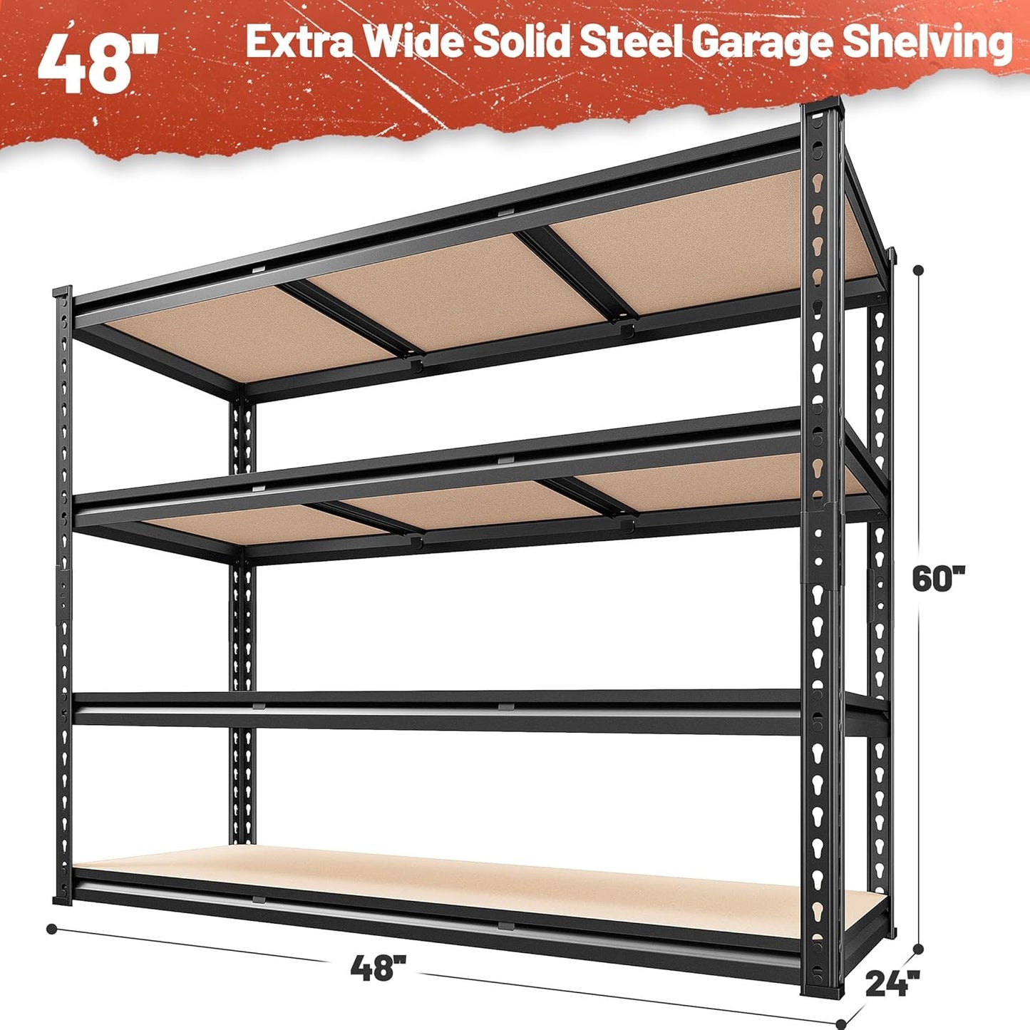 REIBII 48" W Garage Shelving Heavy Duty 2550 LBS Storage Shelves 4 Tier Heavy Duty Shelving
