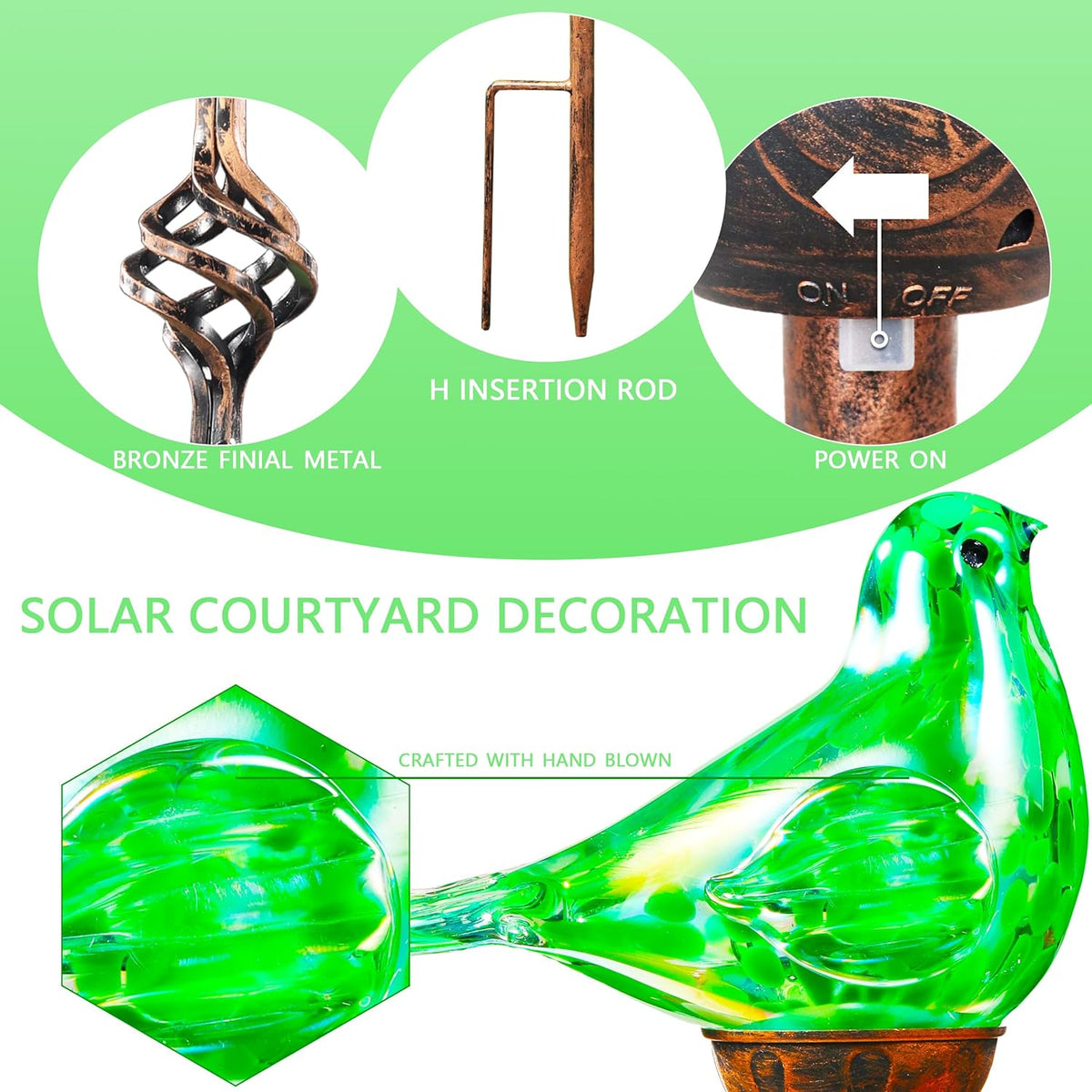 Decorative Solar Lights Outdoor Solar Bird Stake Lights Hand Blown Glass Decorative Garden Pathway