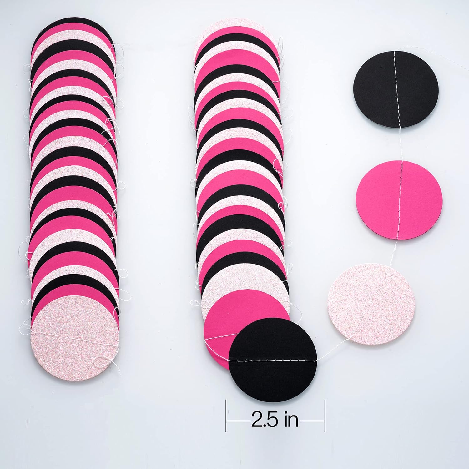WEVEN Hot Pink Black Iridescent Glitter Paper Garland Circle Dot Streamers Party Banner for
