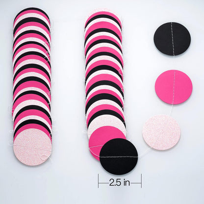 WEVEN Hot Pink Black Iridescent Glitter Paper Garland Circle Dot Streamers Party Banner for