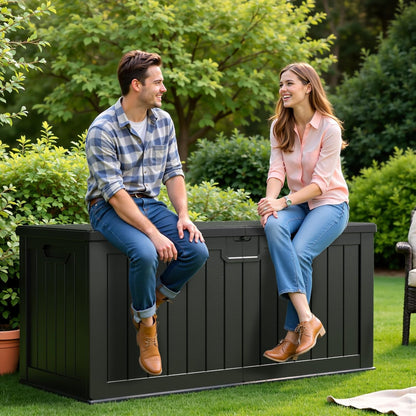 Flamaker Resin Deck Box 250 Gallon, Waterproof Imitation-Wood Lockable Storage Box with Separator