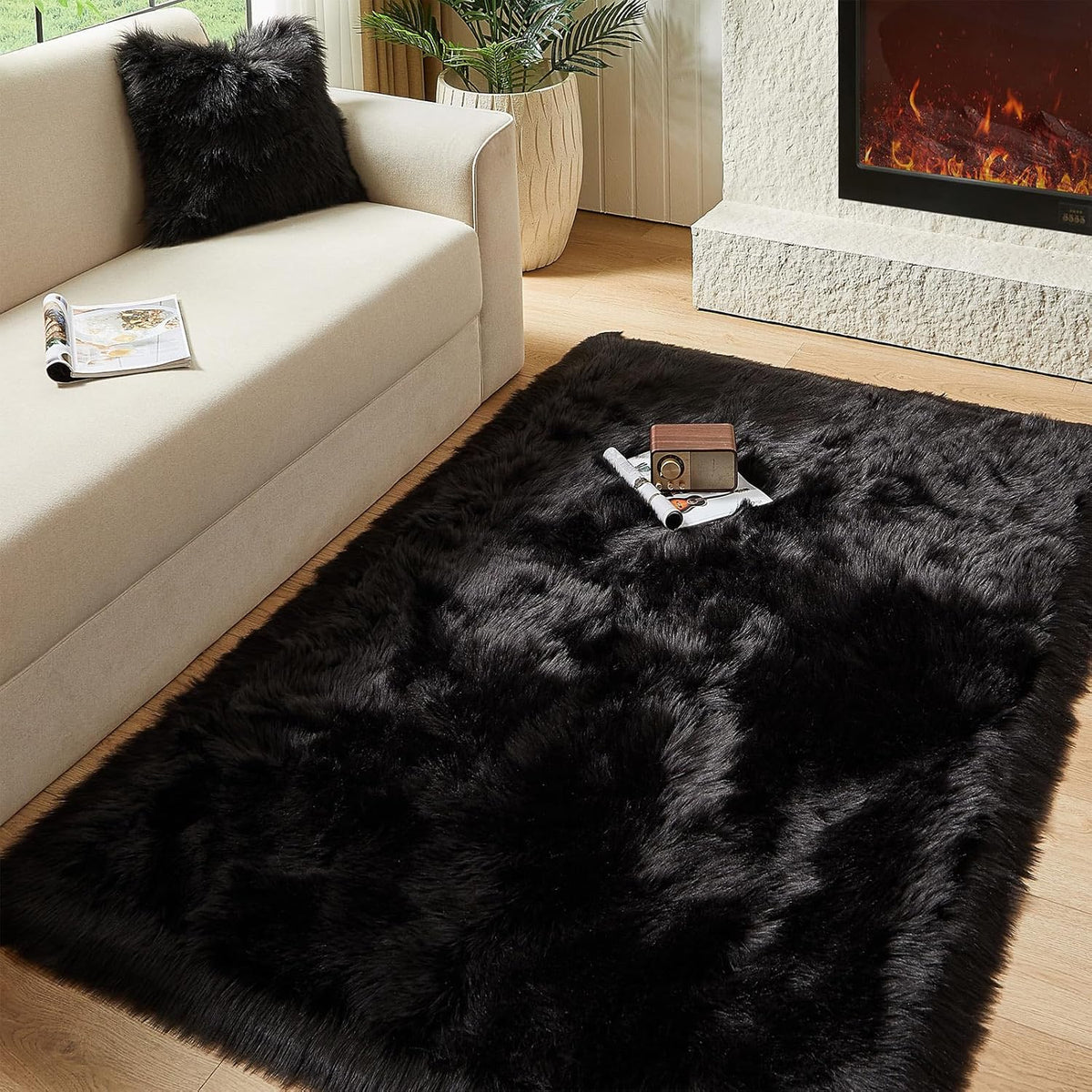 AMTOVO Faux Fur Sheepskin Rug for Living Room, 4 x 6 ft Black Fluffy Area Rug for Bedroom