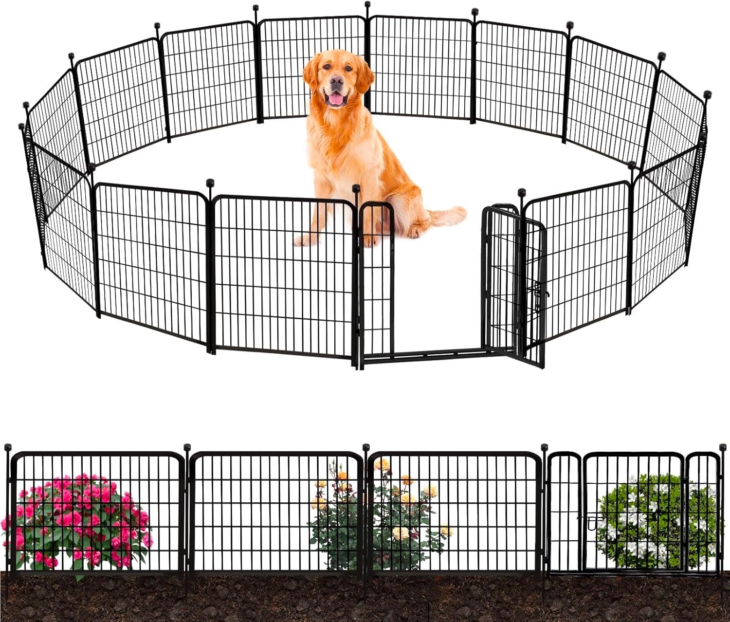 ADAVIN 24 in(H) Garden Fence with Low Threshold Door,14 Panels Total 34.5 Ft(L) Dog Fence Outdoor