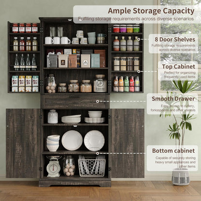 Pantry Organizers and Storage Cabinet, 70” Barn Door White Kitchen Cabinet with Drawers and