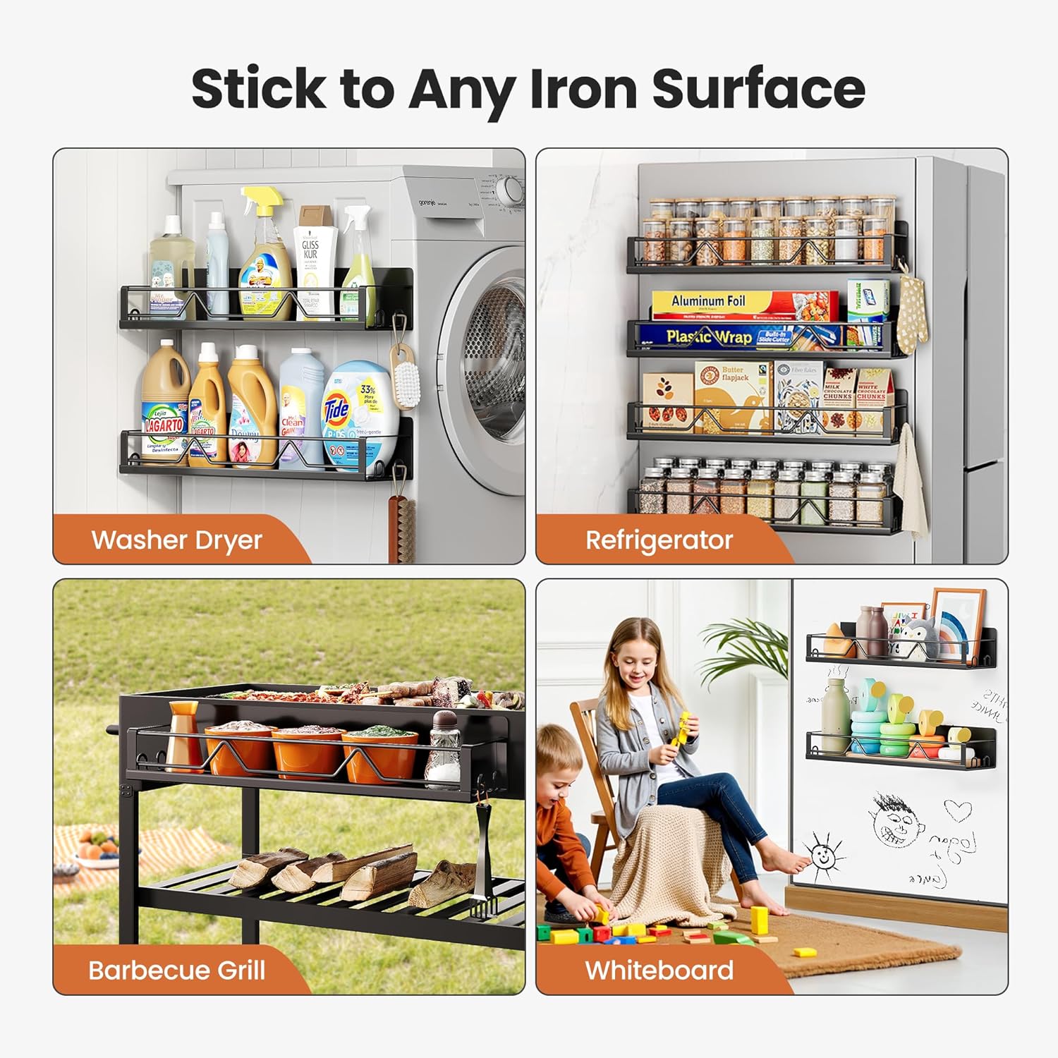 16.9 Inch Wide Large Capacity Magnetic Spice Rack for Refrigerator, 4 Pack Metal Fridge Shelf, Black