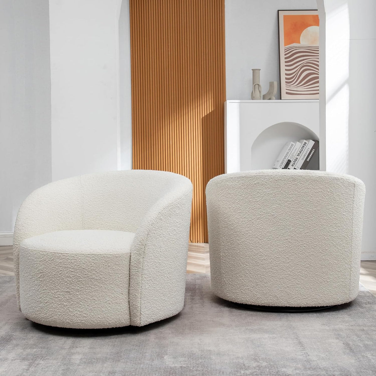 KINWELL 34" W Swivel Barrel Chair Set of 2, Mid Century Modern Round Upholstered Boucle Swivel