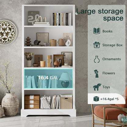 TVU 5-Shelf Wood Bookcase, 65 Inch Tall Bookshelf with Storage, Floor Standing Display Book