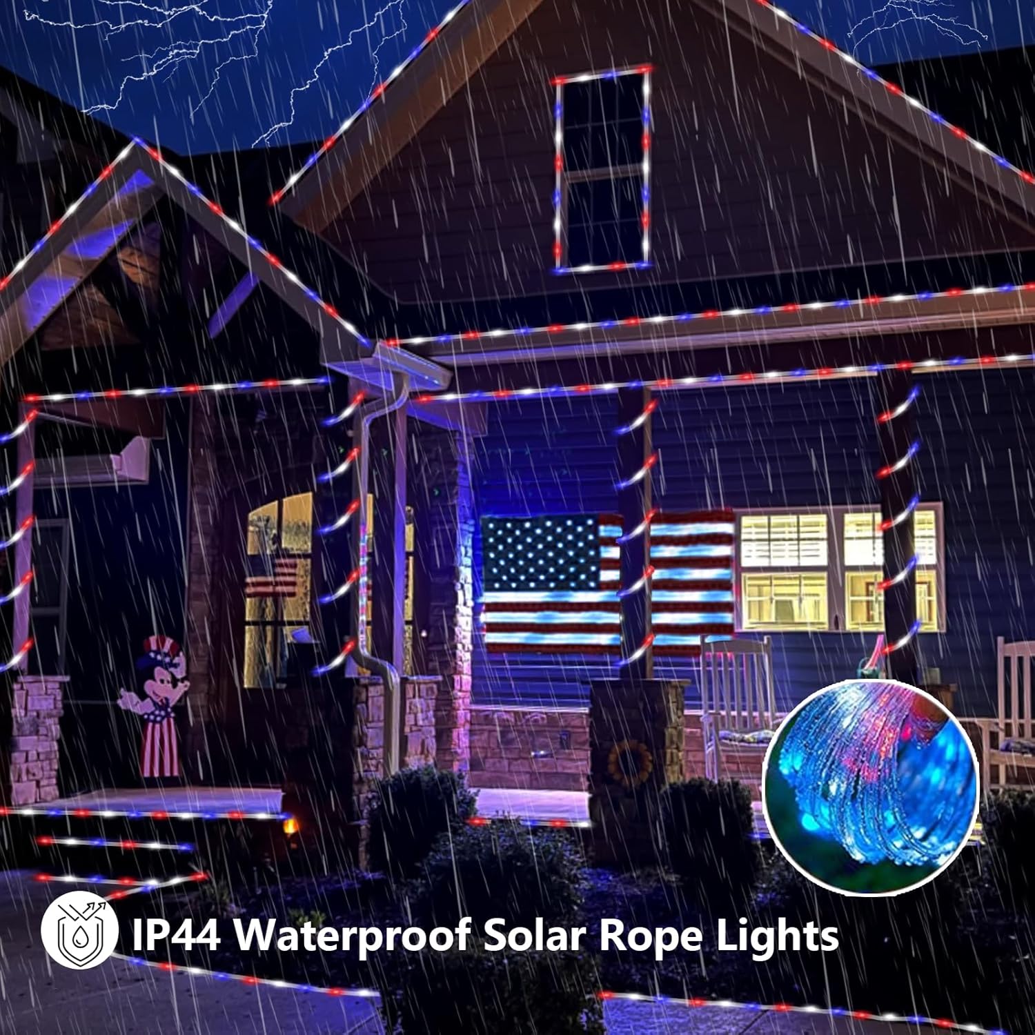 YEGUO 4th of July Decorations Red White and Blue Lights, 2 Packs Each 33ft 100 LED Solar Rope Light