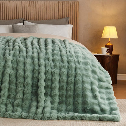 Lotus Karen Faux Fur Throw Blanket Sage Green - Big Bubble Rabbit Fluff Blanket for Couch Bed